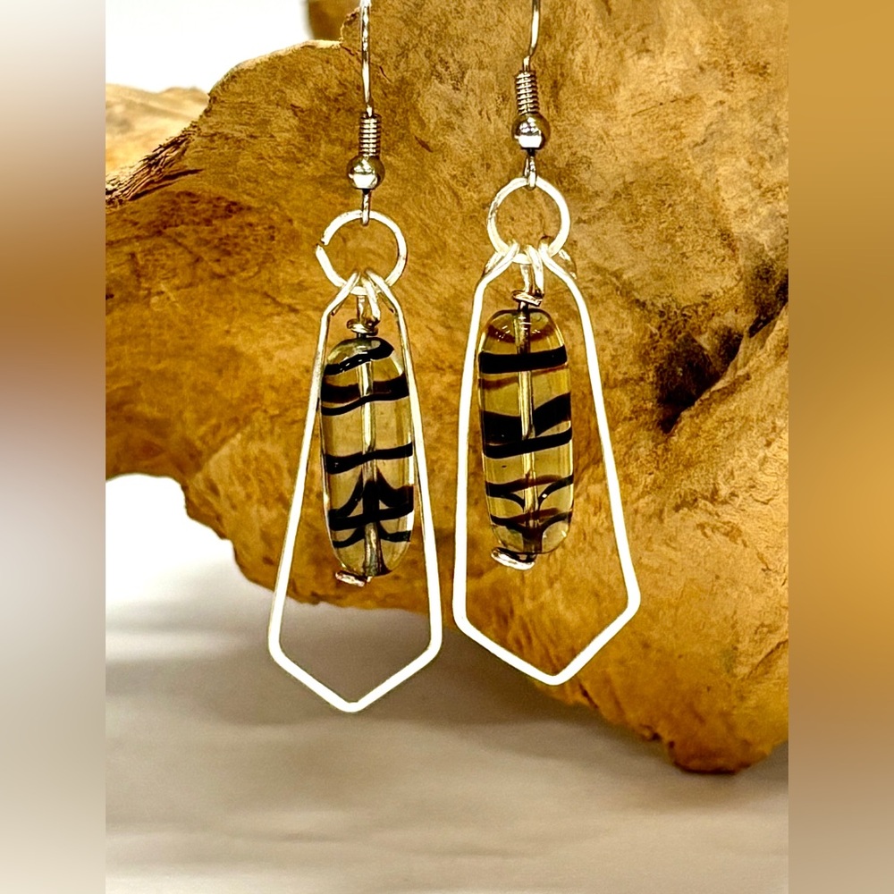 HAND CRAFTED Silver Filled and Vintage Art Glass Hammered Dangle Earrings